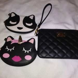 Betsey JOhnson black clutch with 2 detatchable cat coin accents.